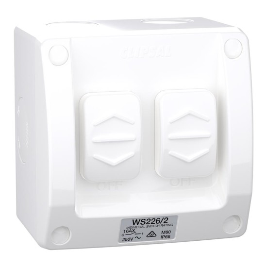 Weathershield, Switch, 2-Gang, 16AX, 250VAC, IP66, Resistant White