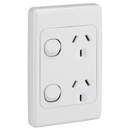 Clipsal 2000 Series Twin Switch Socket Outlet 250V, 10A, Vertical, Two piece base, White Electric