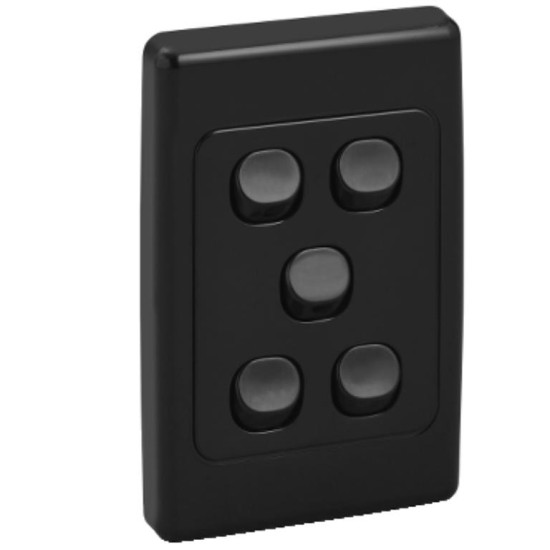 Clipsal 2000 Series Flush Switch, 5 Gang, 250VAC, 10A, Standard, Vertical, Black