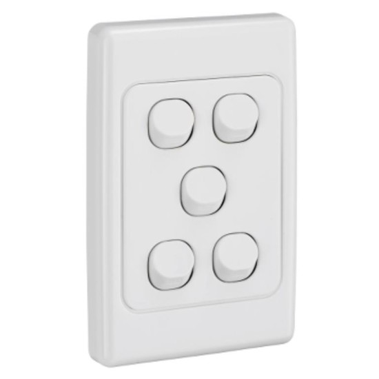 Clipsal 2000 Series Flush Switch, 5 Gang, 250VAC, 10A, Standard, Vertical, White Electric