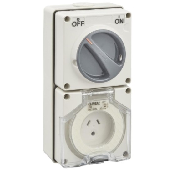 Clipsal - 56 Series Switched Socket Outlet 250V, 10A, 2 Flat and Round Earth PIN, IP66, 1 Pole, Grey