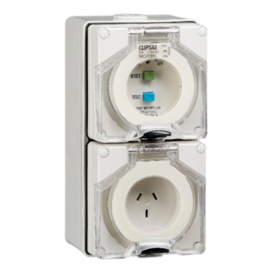 Clipsal - 56 Series RCD Protected Switched Socket Outlet 250V, 10A, 3 Flat PIN, IP66, 30mA, Grey