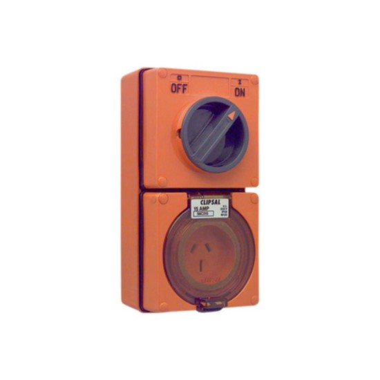 Clipsal - 56 Series Switched Socket Outlet 250V, 15A, 3 Flat PIN, IP66, 1 Pole, Resistant Orange