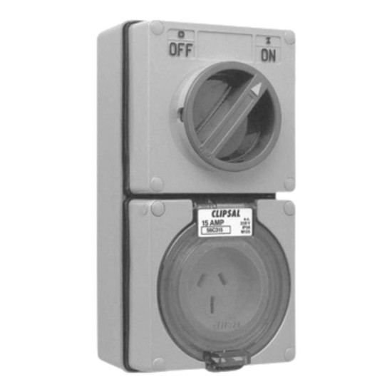 Clipsal - 56 Series Switched Socket Outlet 250V, 15A, 3 Flat PIN, IP66, 1 Pole, ICOM Controls, Grey