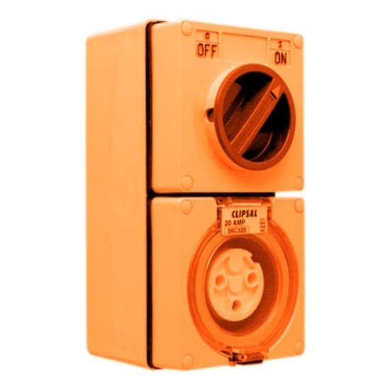 Clipsal - 56 Series Switched Socket Outlet 250V, 20A, 3 Round PIN, IP66, 1 Pole, Resistant Orange