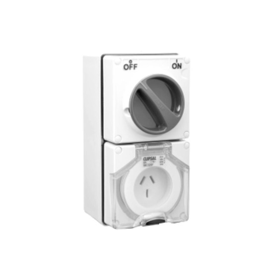 Clipsal - 56 Series Switched Socket Outlet 250V, 20A, 3 Flat PIN, IP66, 1 Pole, Resistant White Electric