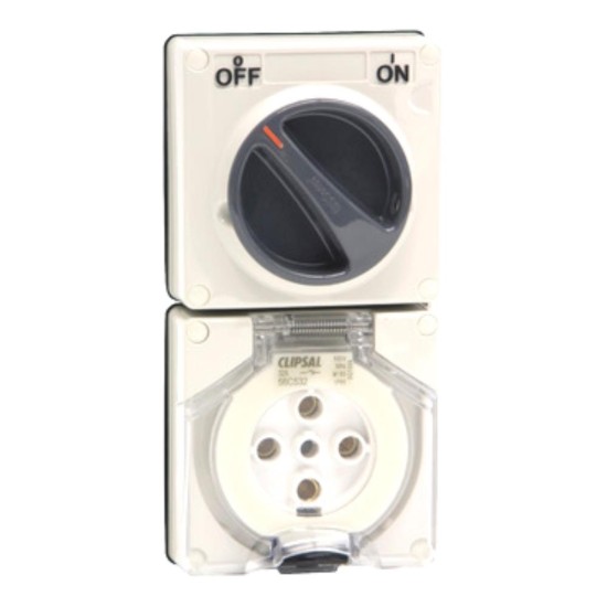 Clipsal - 56 Series Switched Socket Surface IP66 5 PIN 32A Less Enclosure, Resistant White Electric