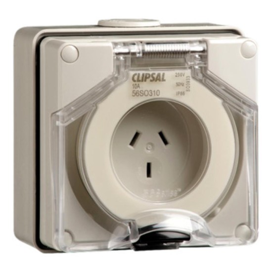 Clipsal - 56 Series Surface Socket IP66, 250V 10A - 3 Flat Pins, Resistant White Electric