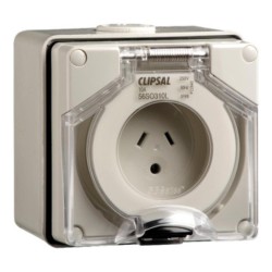 Clipsal - 56 Series Surface Socket IP66, 250V 10A - 2 Flat Pins and Round Earth, Grey