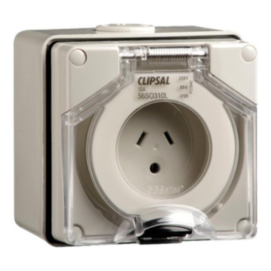 Clipsal - 56 Series Surface Socket IP66, 250V 10A - 2 Flat Pins and Round Earth, Resistant White Electric