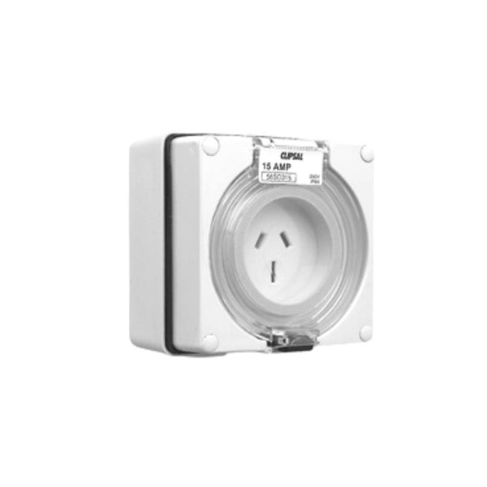 Clipsal - 56 Series Surface Socket IP66, 250V 15A - 3 Flat Pins, Resistant White Electric