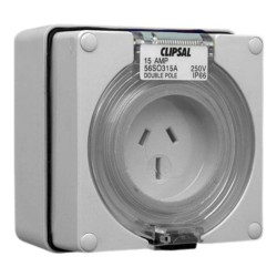 Clipsal - 56 Series Socket Outlet 3 Flat PIN, 250V, 15A, Auto Switched, 2 Pole, Grey