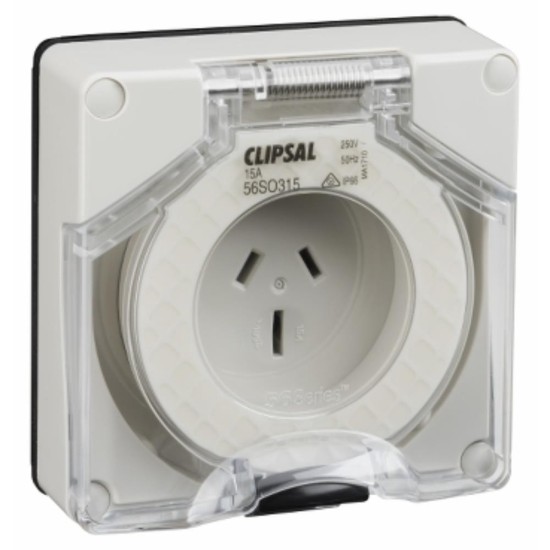 Clipsal - 56 Series Socket Outlet Surface 3 PIN 15A Less Enclosure, Grey