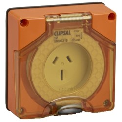 Clipsal - 56 Series Socket Outlet Surface 3 PIN 15A Less Enclosure, Resistant Orange