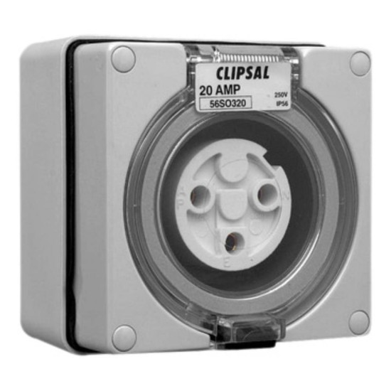 Clipsal - 56 Series Surface Socket IP66, 250V 20A - 3 Round Pins, Grey