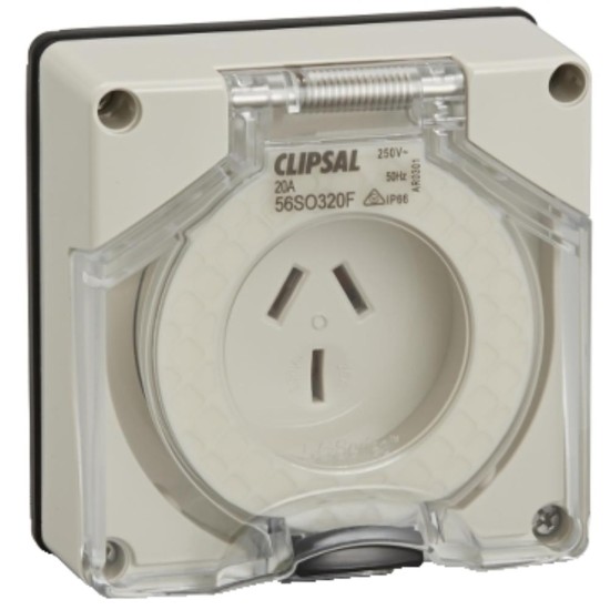 Clipsal - 56 Serie Socket Outlet Surface 3 PIN Flat 20A, Grey