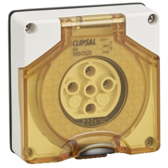 Clipsal - 56 Series Socket Outlet Surface 5 PIN Round 20A Less Enclosure, Resistant White Electric