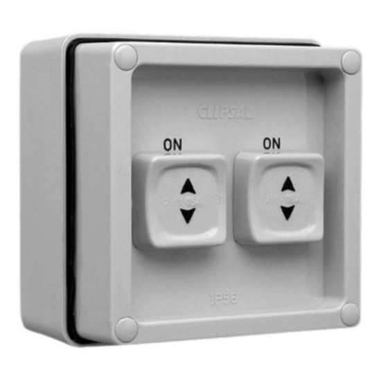 Clipsal - 56 Series Surface Switch, 2 Gang, 1 Pole, 250VAC, 15A, Twin Sliding, Grey