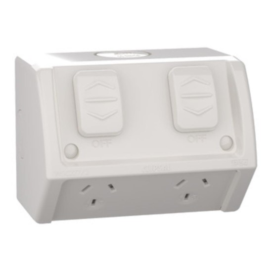 Weathershield Socket Twin, 10A, 250VAC, IP54 Resistant Grey