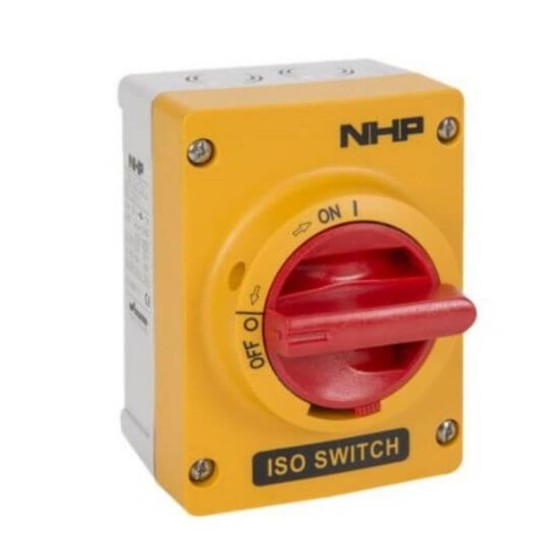 ISO Switch 40A, 3P Yellow color Polycarbonate enclosure with Red handle