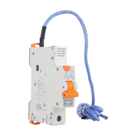 NHP MOD6 Residual Current Device - Short body w/ Overcurrent 6kA 20A 1PN C Curve 10mA Type A Pigtail