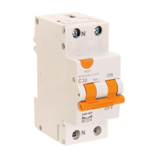 NHP MOD6 Residual Current Device - Short body w/ Overcurrent 6kA 10A 1PN C Curve 30mA Type AC 36mm