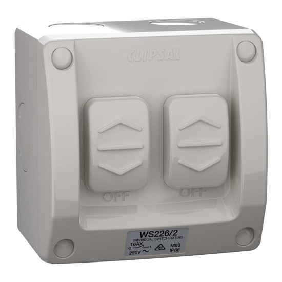 Weathershield, Switch, 2-Gang, 16AX, 250VAC, IP66, Resistant Grey