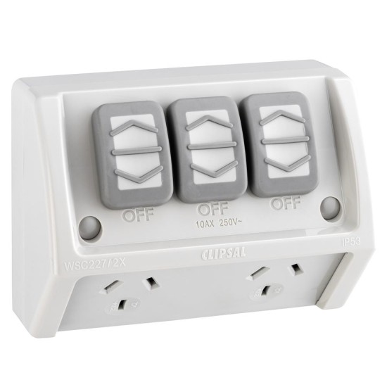 Weathershield, Double Power Outlet with extra switch, Flush Mounting, 250V, 10A, IP53